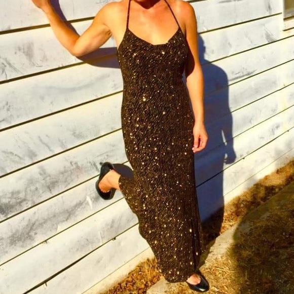 😍Wendye Chaitin Open-Back Sparkle Black&Gold Gown - Picture 3 of 8